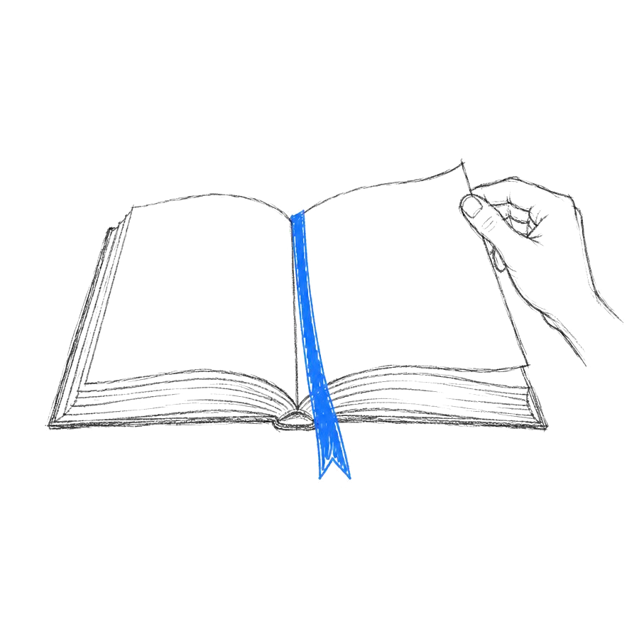 Hand turning a page of an open book with a blue bookmark